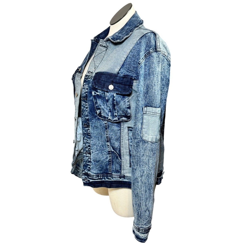 Generation K Womens Cotton Denim Patchwork‎ Jacket Acid Wash Size M Blue Multi